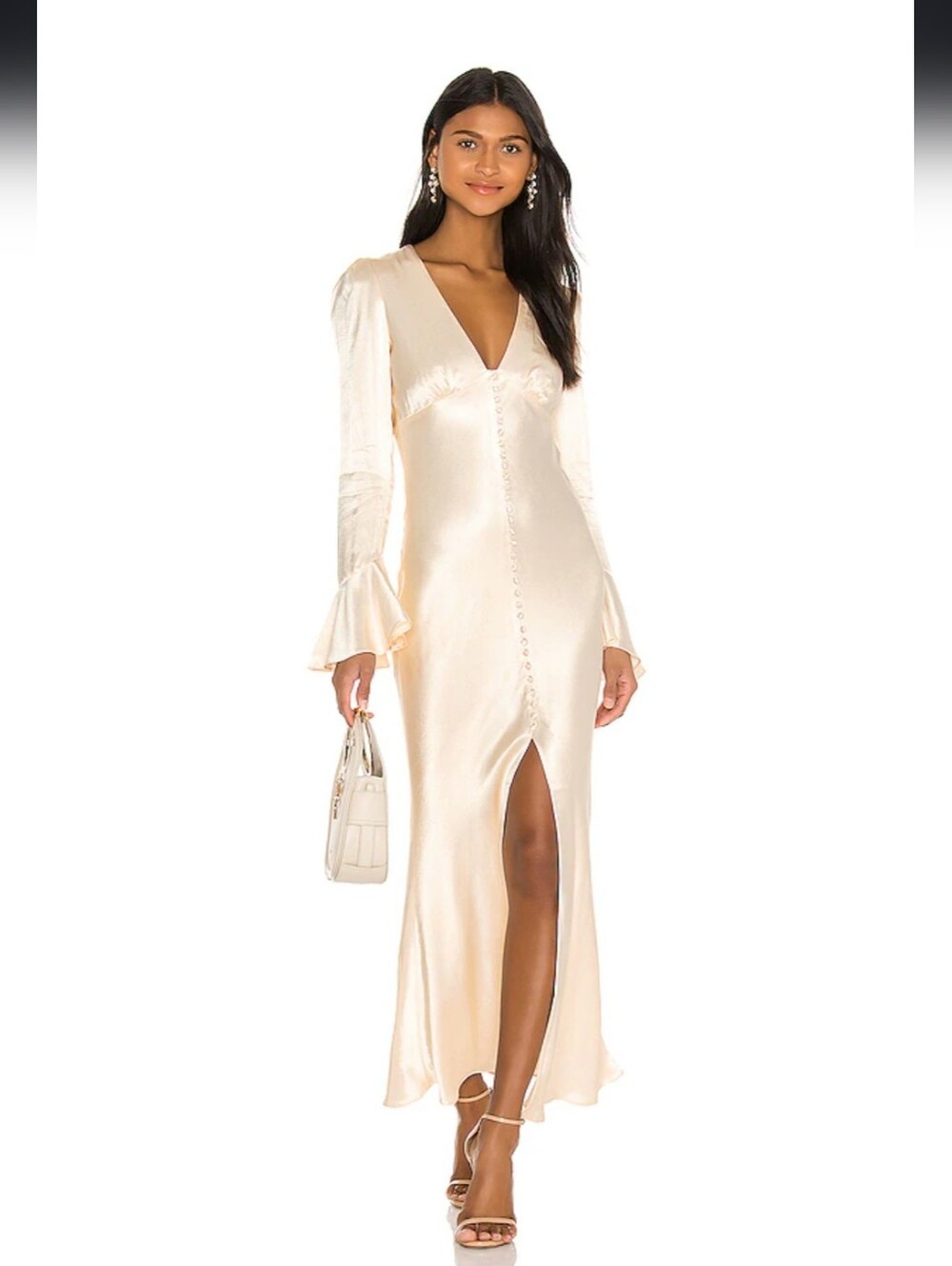 La Lune Frill Cuff Bias Midi Dress in Cream